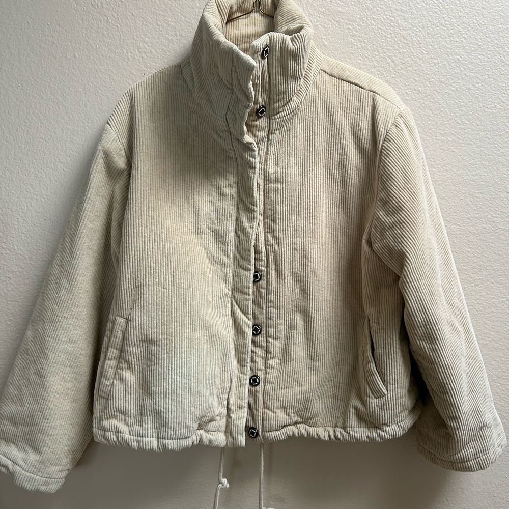 12th Tribe Women’s Corduroy Puffer Jacket Beige Button Snaps Drawstring Hem Sz M